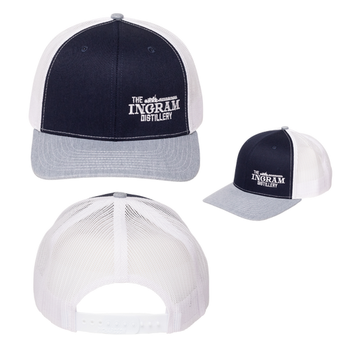 Three views of a cap with 'The Ingram Distillery' logo on a white background