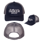 Navy and gray cap with 'The Ingram Distillery' logo on a white background