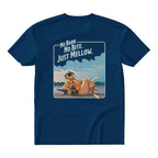 Blue t-shirt with a graphic of a dog by a lake and text 'No Bark. No Bite. Just Mellow.'