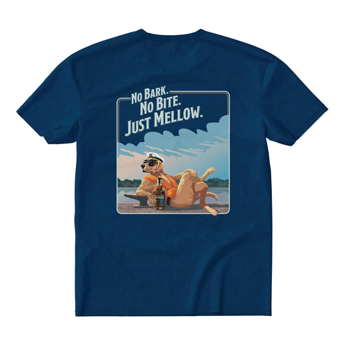 Blue t-shirt with a graphic of a dog by a lake and text 'No Bark. No Bite. Just Mellow.'