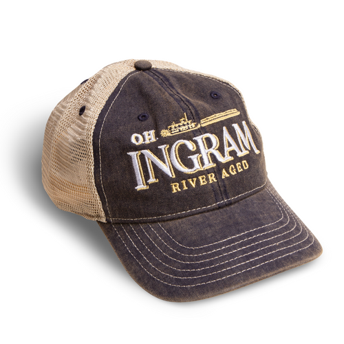 Baseball cap with 'OH Ingram River Aged' text on a white background