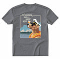Gray t-shirt with a graphic of a dog in sunglasses holding a glass of bourbon and text 'My bourbon has a great nose' on a white background.