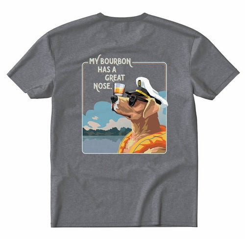 Gray t-shirt with a graphic of a dog in sunglasses holding a glass of bourbon and text 'My bourbon has a great nose' on a white background.