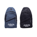 Two sling bags, one blue and one black, with 'The Ingram Distillery' logo on a white background.