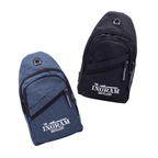 Two sling bags, one blue and one black, with 'The Ingram Distillery' logo on a white background.