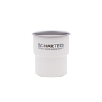 White ceramic cup with 'Uncharted' branding on a white background