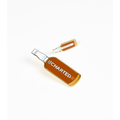 Enamel pin shaped like a bottle with 'Uncharted' text on a white background